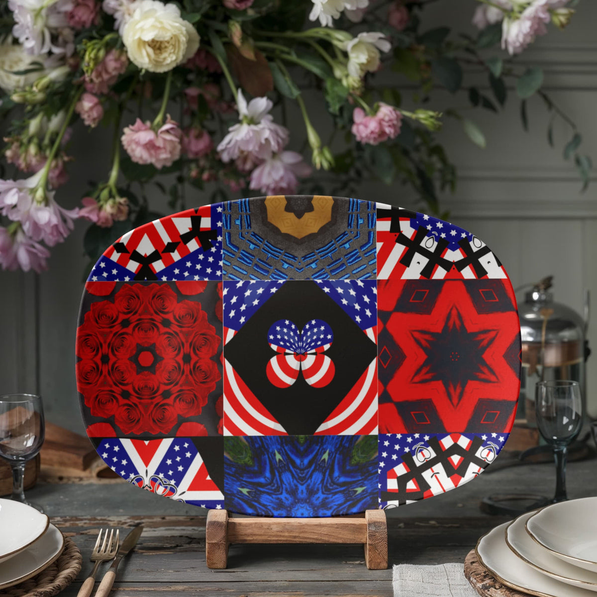 USA Patchwork Design 10” x 14” Oval Serving Platter