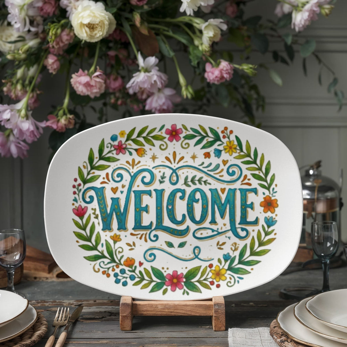 Welcome Floral Pattern 10”x14” Oval Serving Platter
