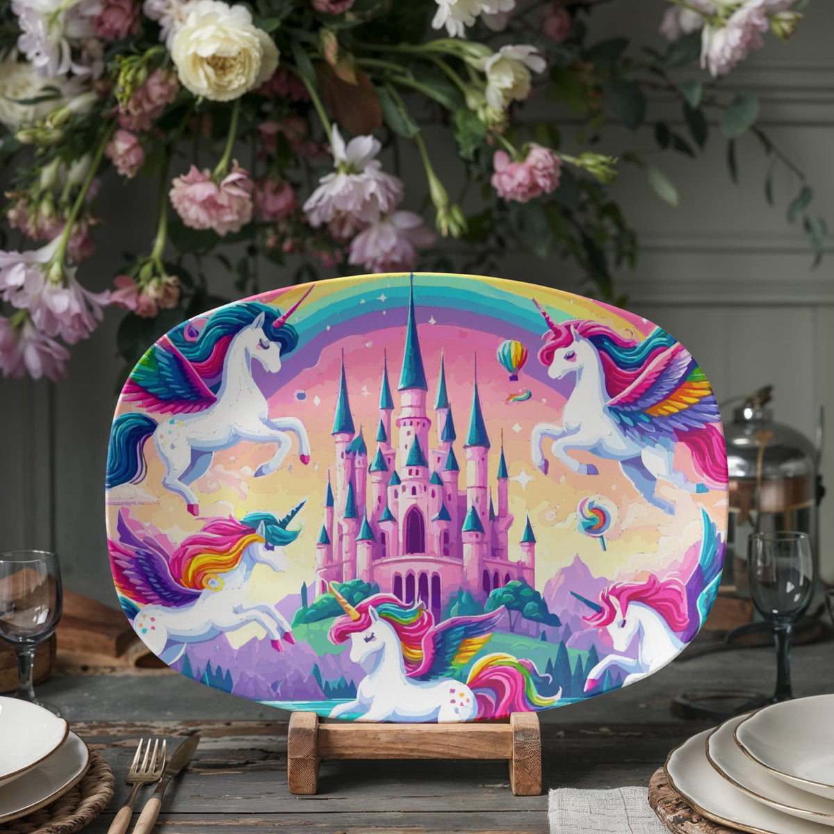 Cute Purple Unicorns with Pink Castle 10" x 14" Oval Serving Platter