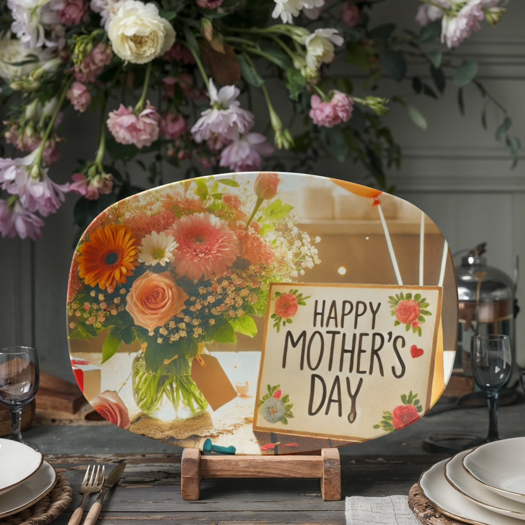 Happy Mother's Day Card and Flowers  10" x 14" Oval Serving Platter