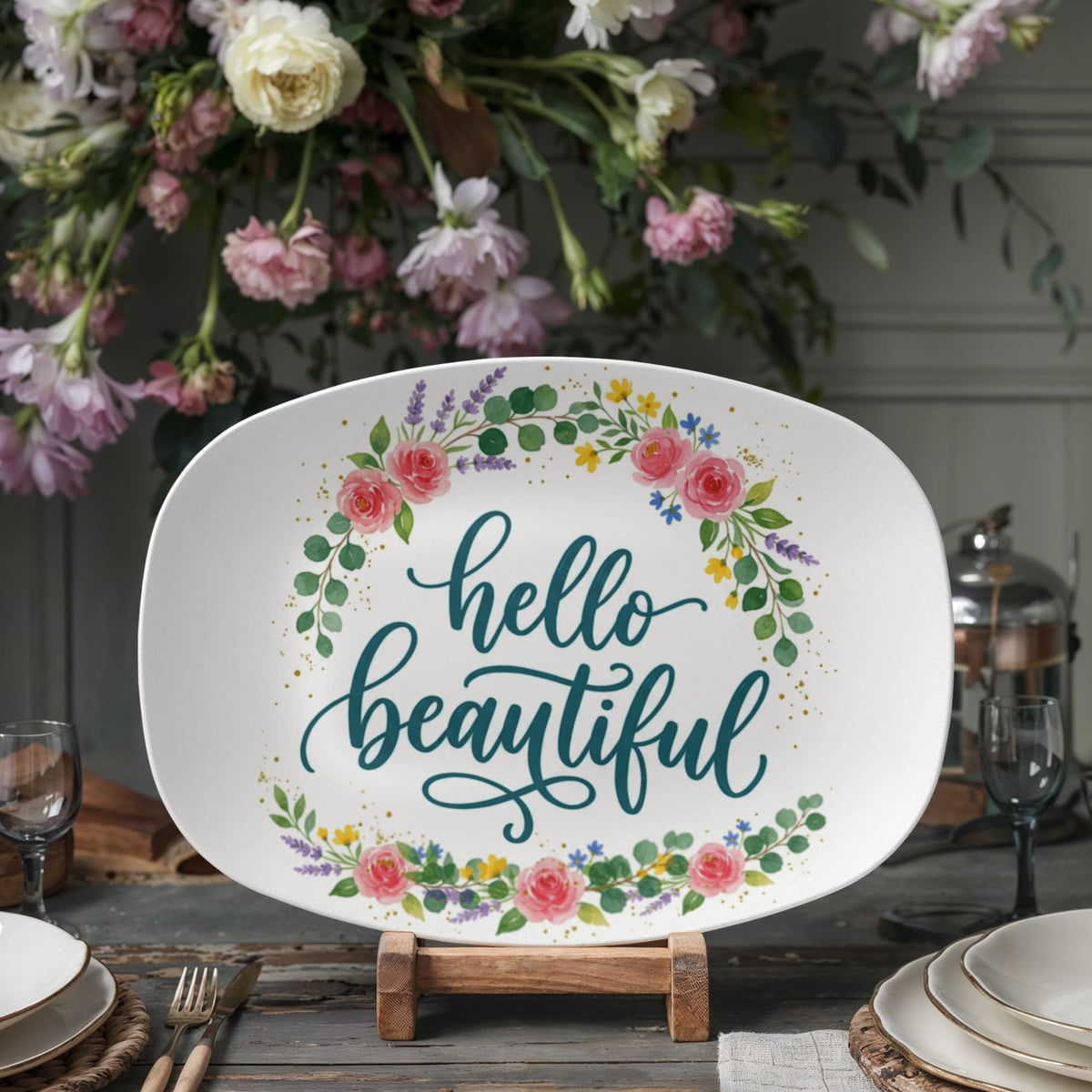 Floral Hello Beautiful 10”x14” Oval Serving Platter