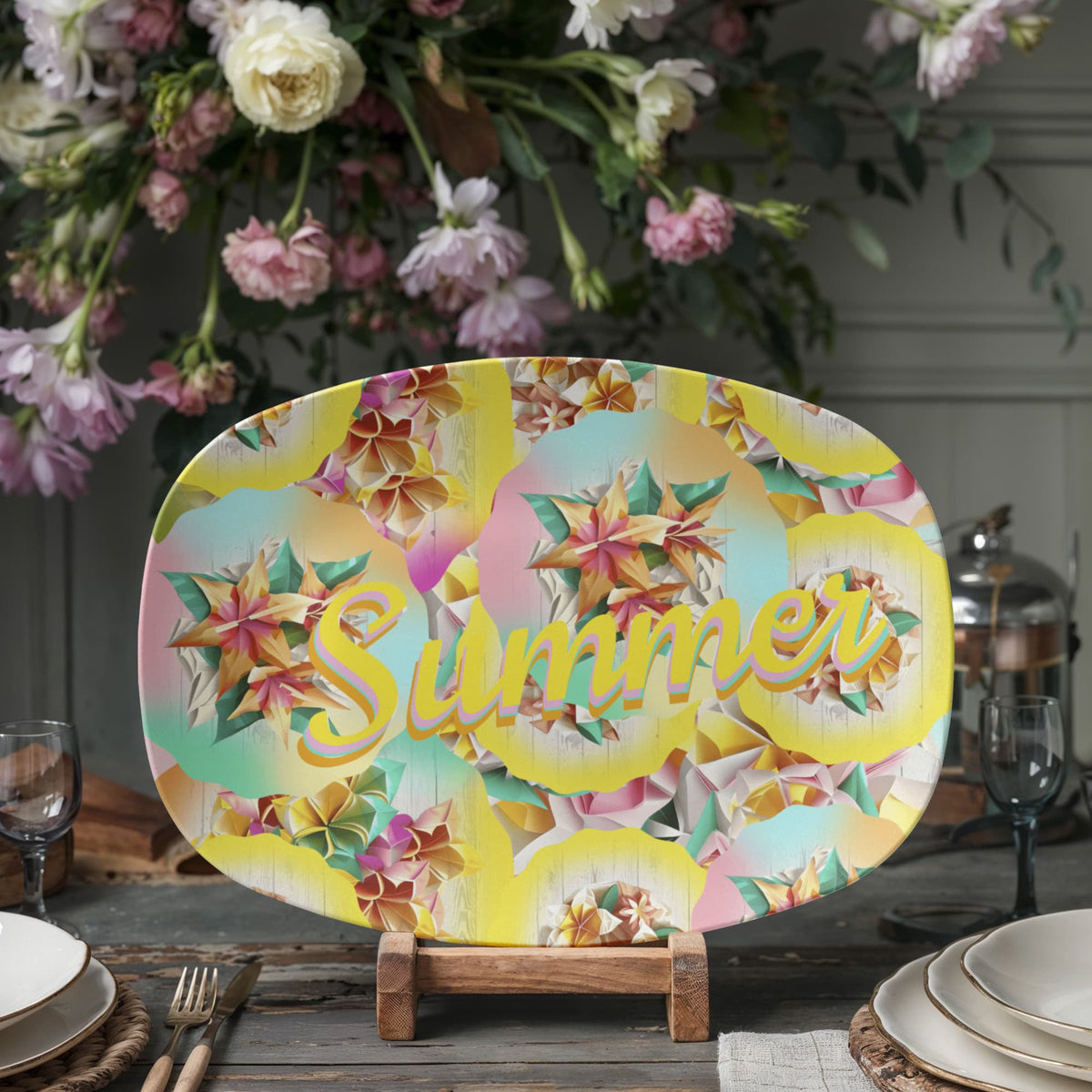 Colorful Pattern Summer Design 10" x 14" Oval Serving Platter