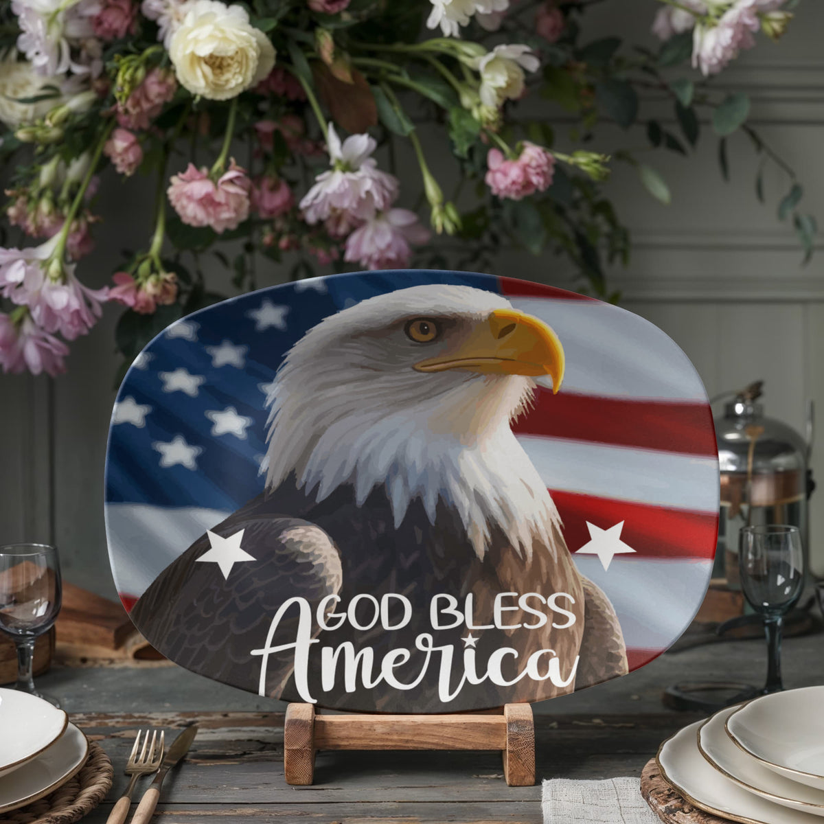 God Bless America Bald Eagle 10”x14” Oval Serving Platter