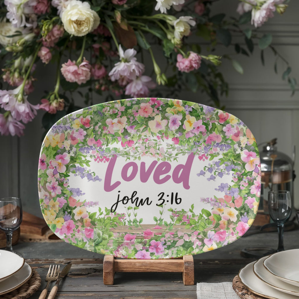 Loved John 3:16 Faith Based Floral 10" x 14" Oval Serving Platter