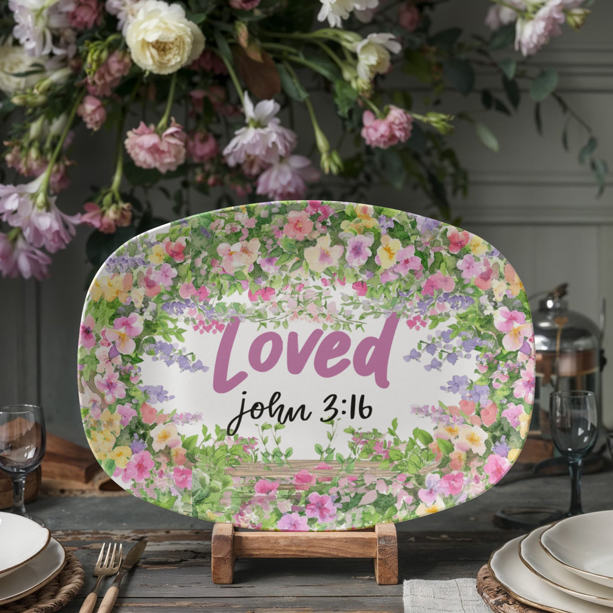 Loved John 3:16 Faith Based Floral 10" x 14" Oval Serving Platter