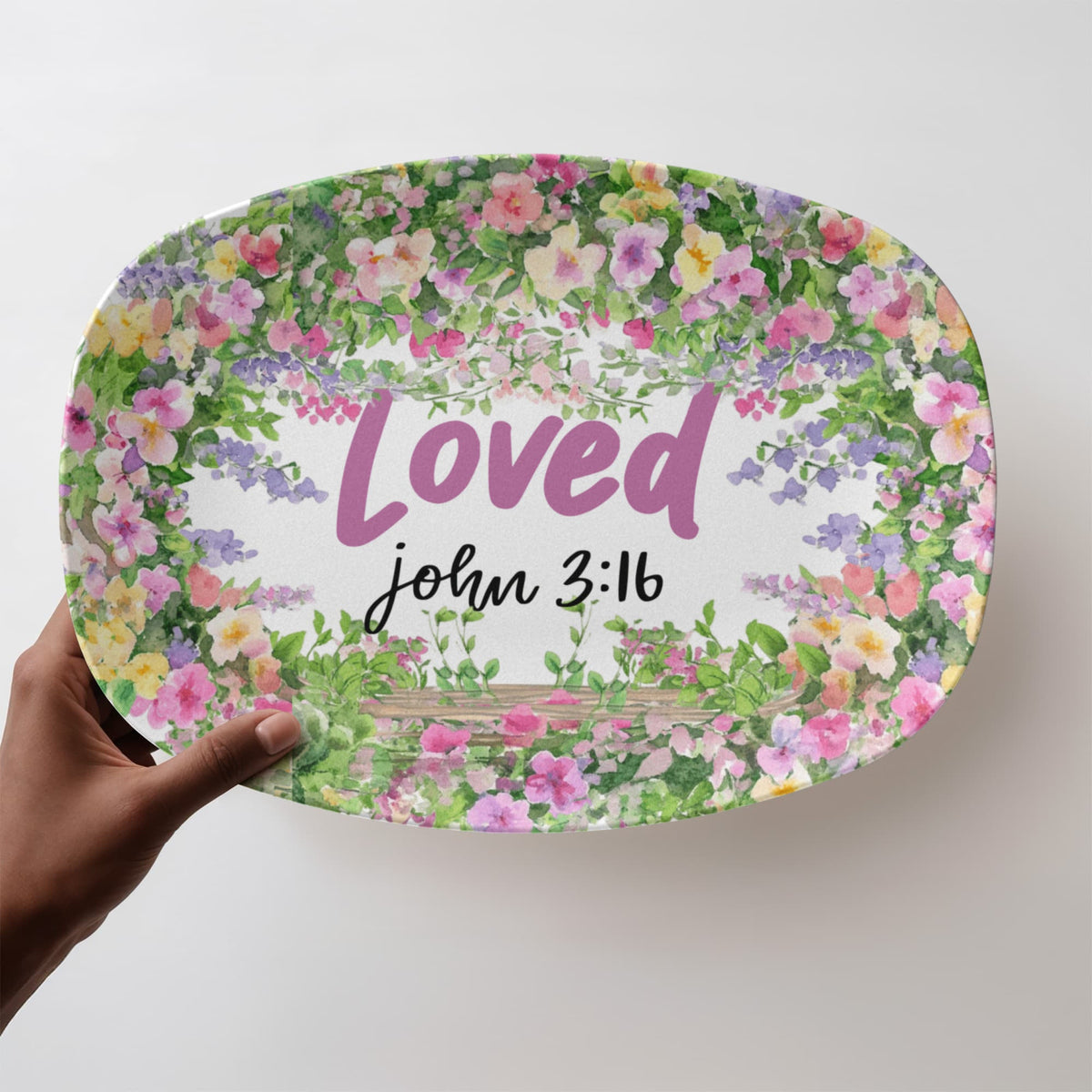 Loved John 3:16 Faith Based Floral 10" x 14" Oval Serving Platter