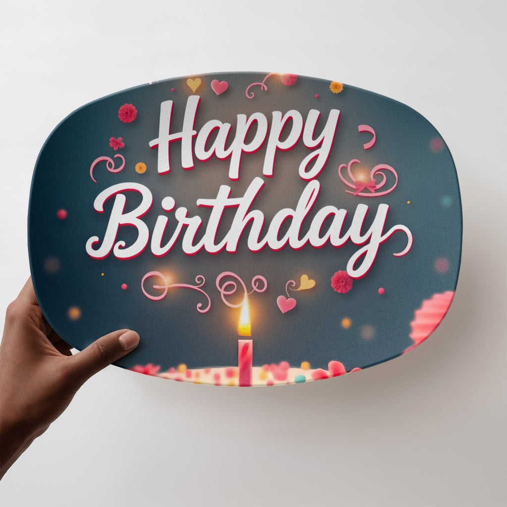 Happy Birthday Cake & Candle 10" x 14" Oval Serving Platter