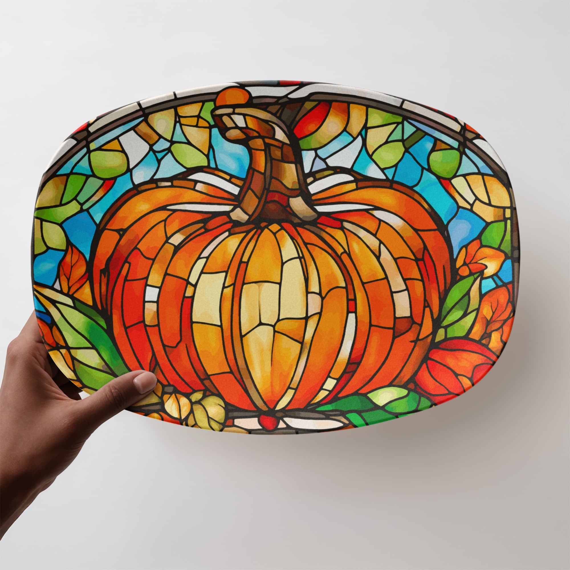 Stained Glass Orange Pumpkin Serving Platter Dish