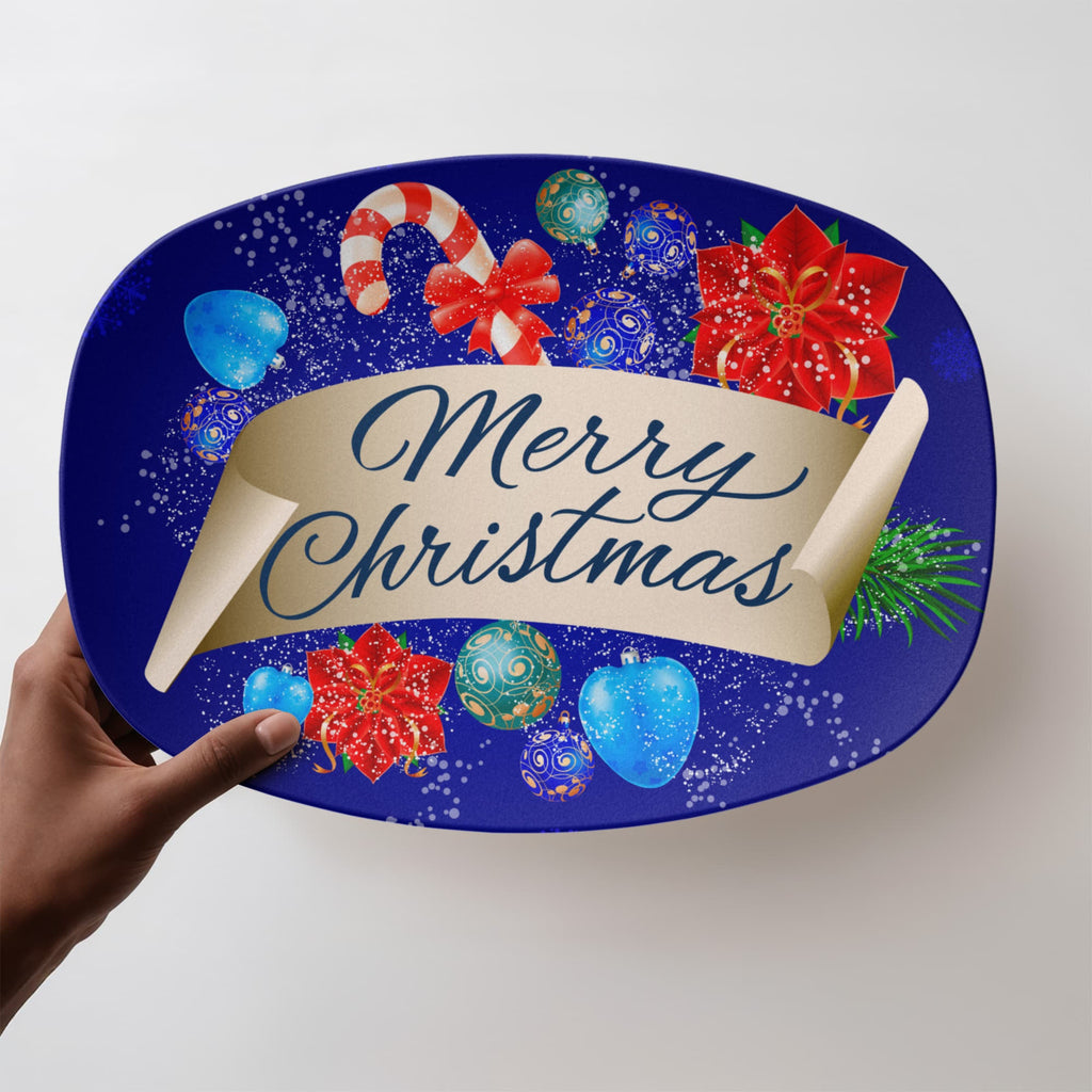 Blue Merry Christmas Design 10" x 14" Oval Serving Platter