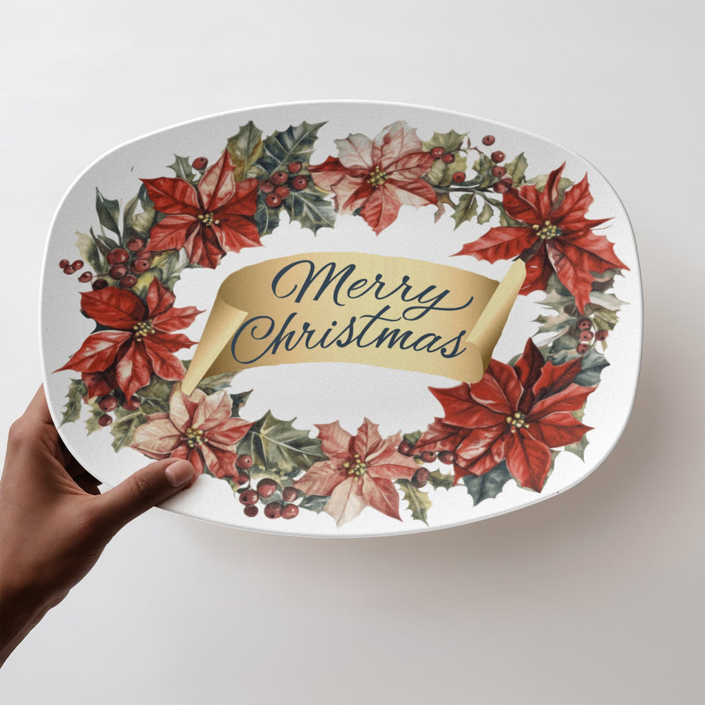 Merry Christmas Oval Wreath 10" x 14" Polymer Serving Platter