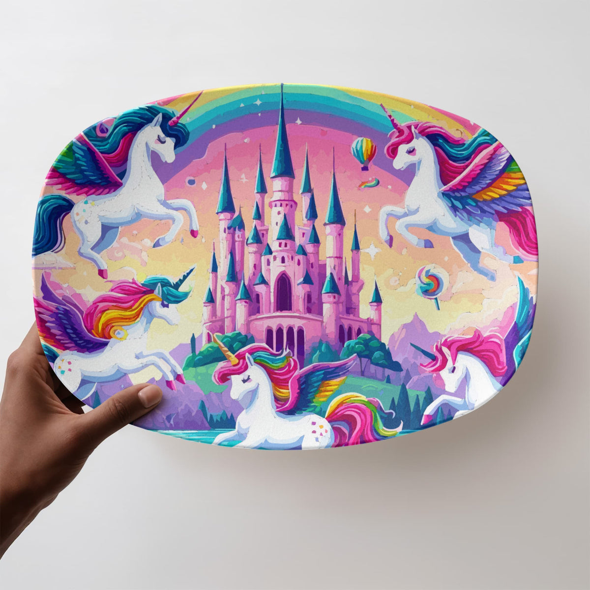 Cute Purple Unicorns with Pink Castle 10" x 14" Oval Serving Platter