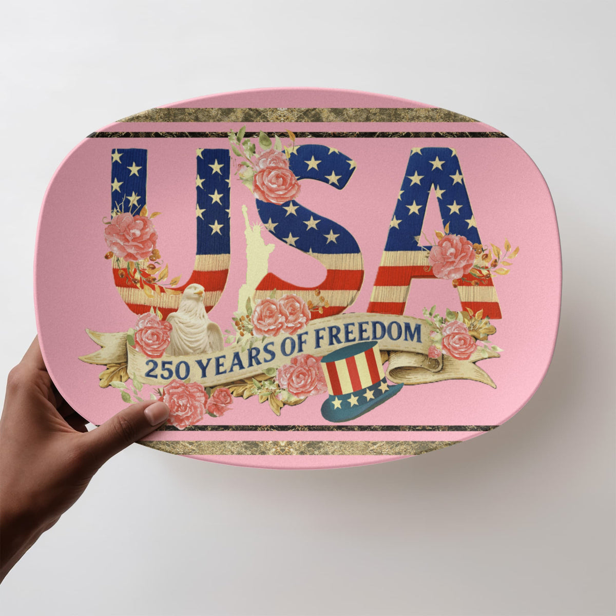 Pink USA 250 Years of Freedom Floral 10" x 14" Oval Serving Platter