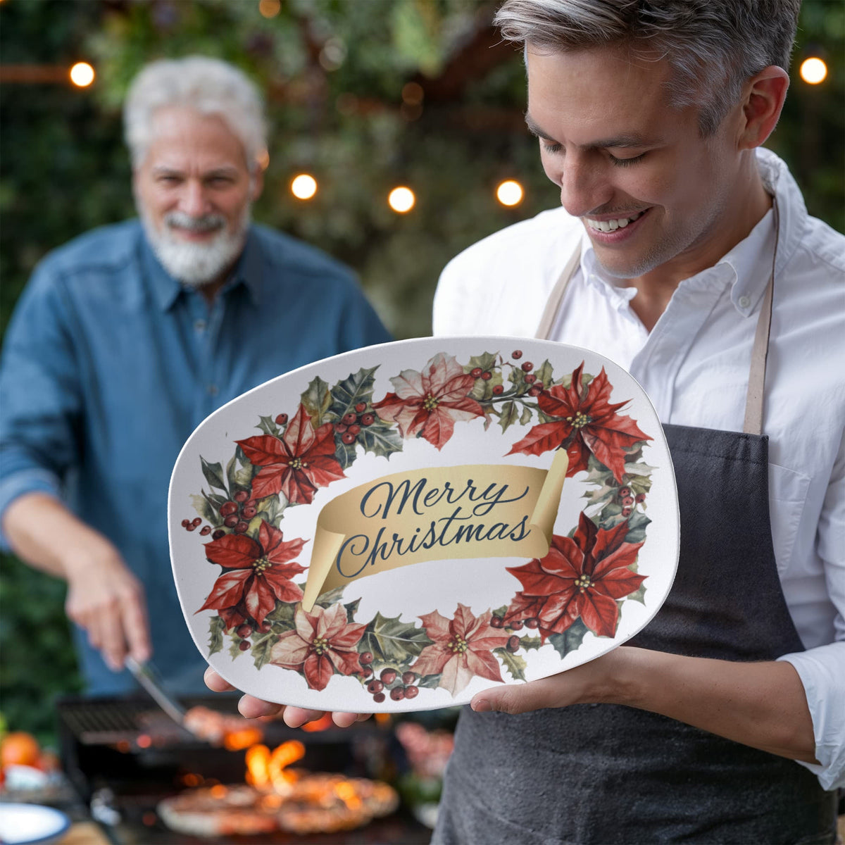 Merry Christmas Oval Wreath 10" x 14" Polymer Serving Platter