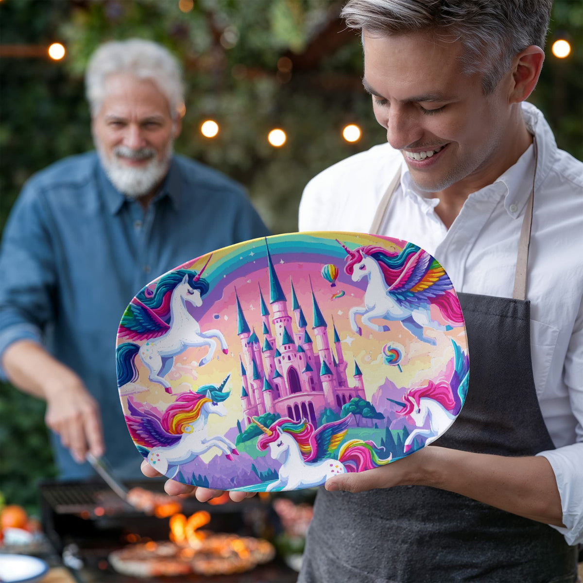 Cute Purple Unicorns with Pink Castle 10" x 14" Oval Serving Platter