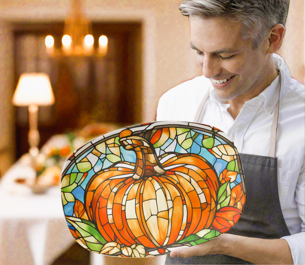 Stained Glass Orange Pumpkin Serving Platter Dish