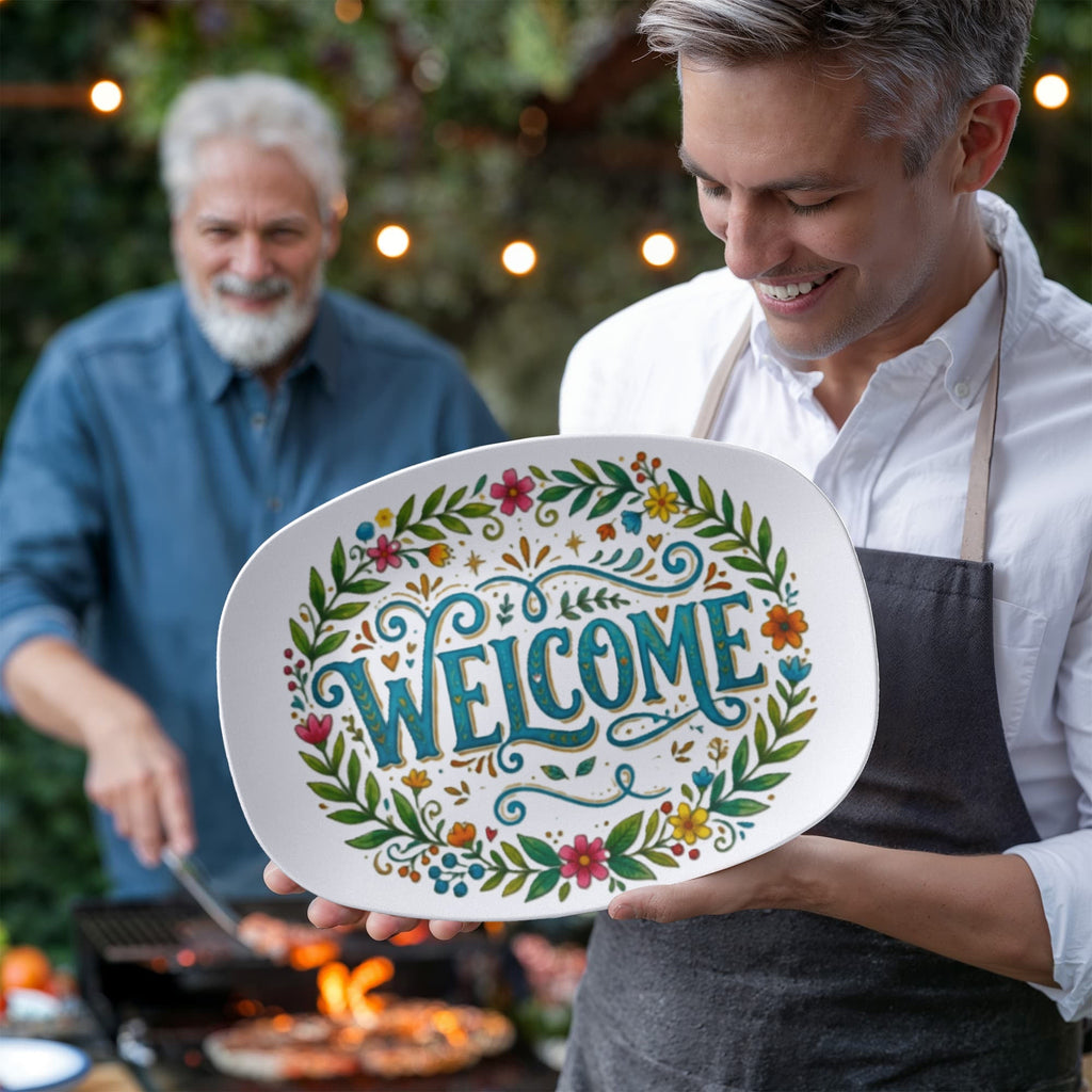 Welcome Floral Pattern 10”x14” Oval Serving Platter