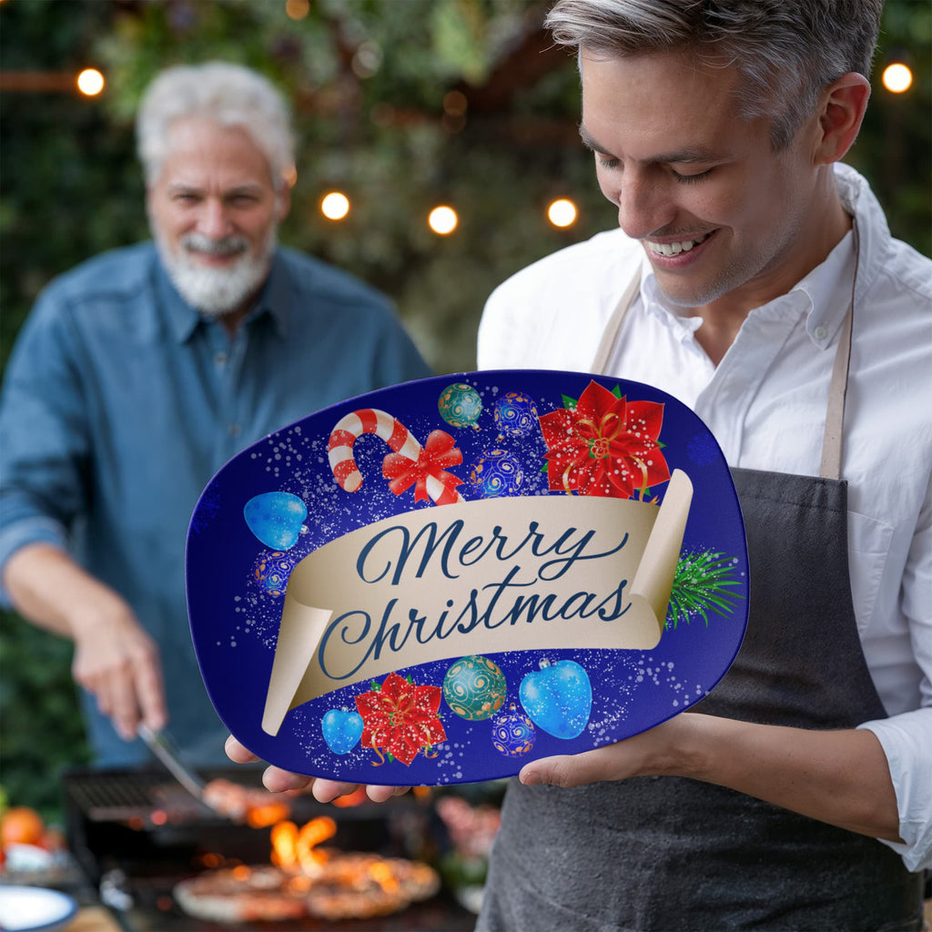 Blue Merry Christmas Design 10" x 14" Oval Serving Platter