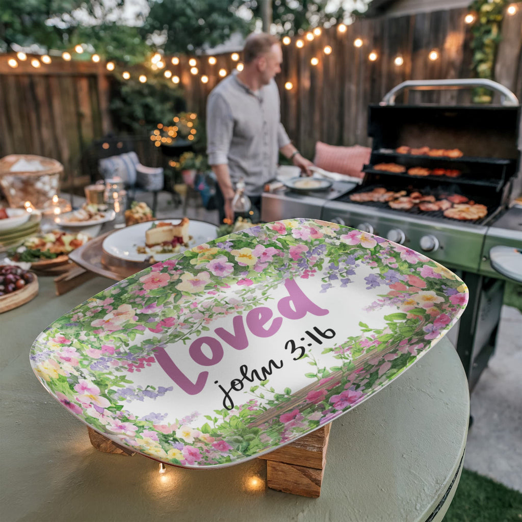 Loved John 3:16 Faith Based Floral 10" x 14" Oval Serving Platter