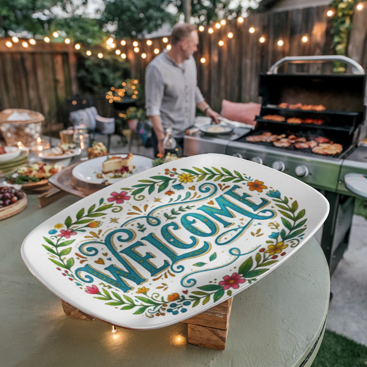 Welcome Floral Pattern 10”x14” Oval Serving Platter