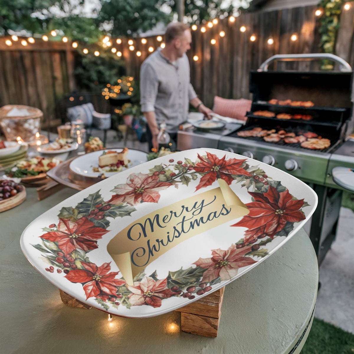 Merry Christmas Oval Wreath 10" x 14" Polymer Serving Platter