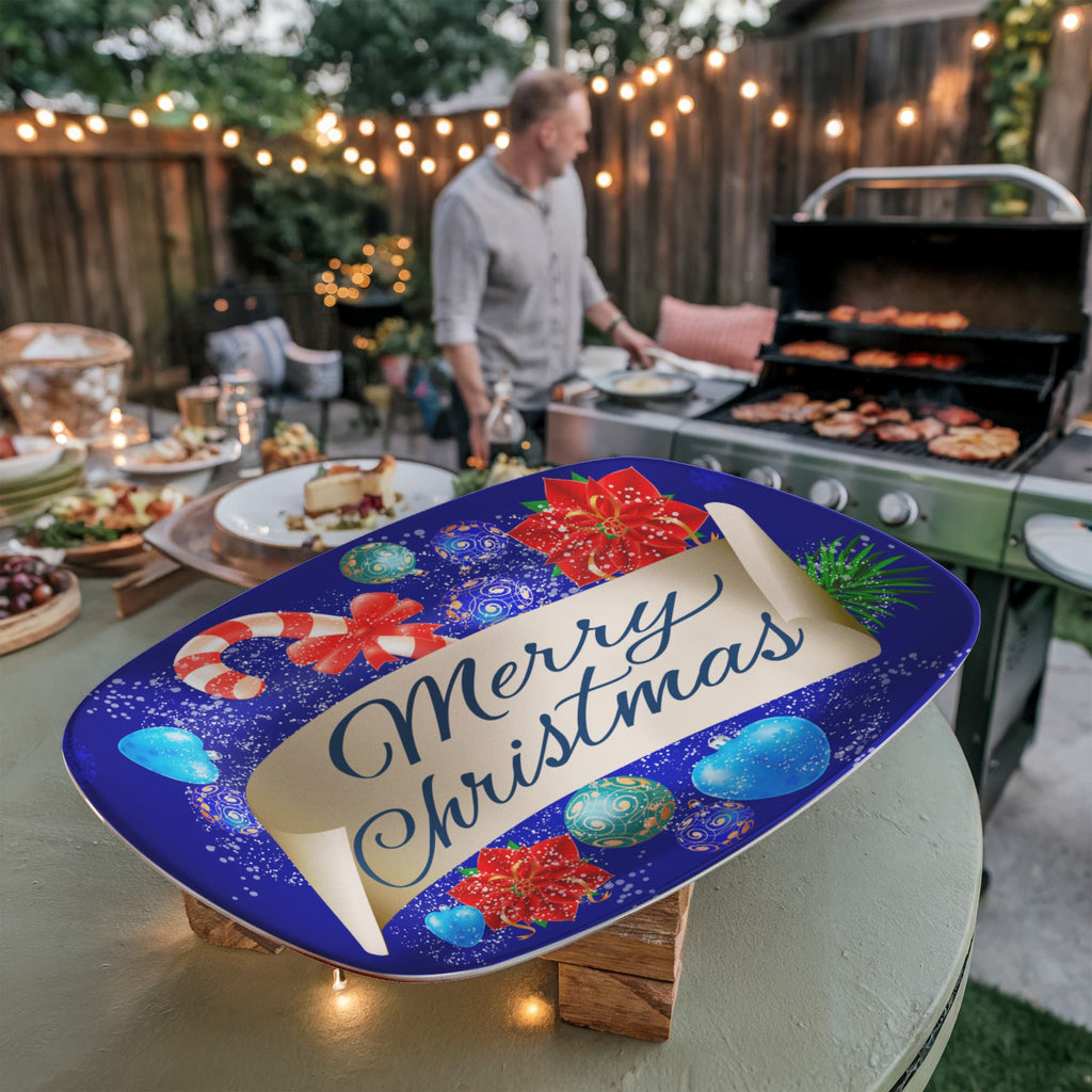 Blue Merry Christmas Design 10" x 14" Oval Serving Platter