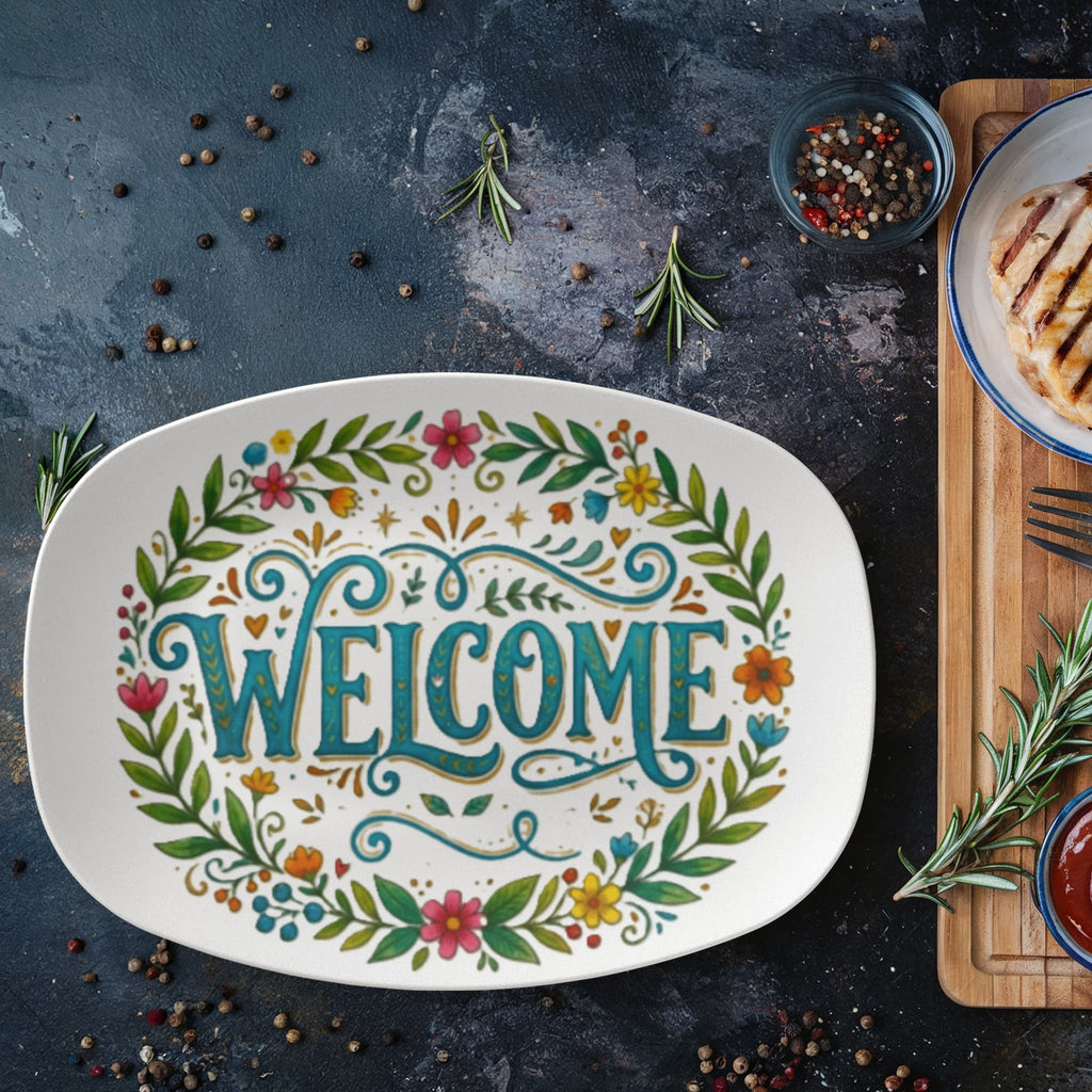 Welcome Floral Pattern 10”x14” Oval Serving Platter