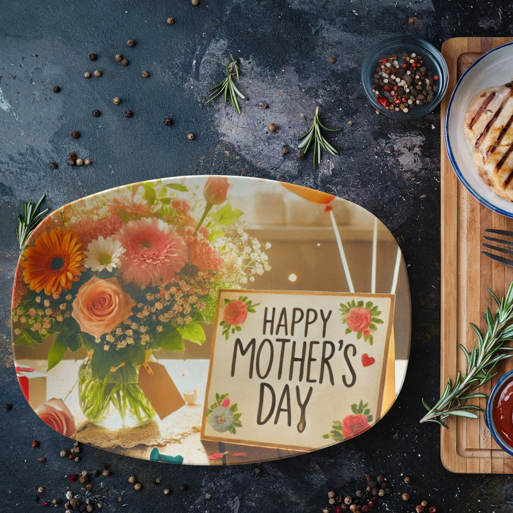 Happy Mother's Day Card and Flowers  10" x 14" Oval Serving Platter