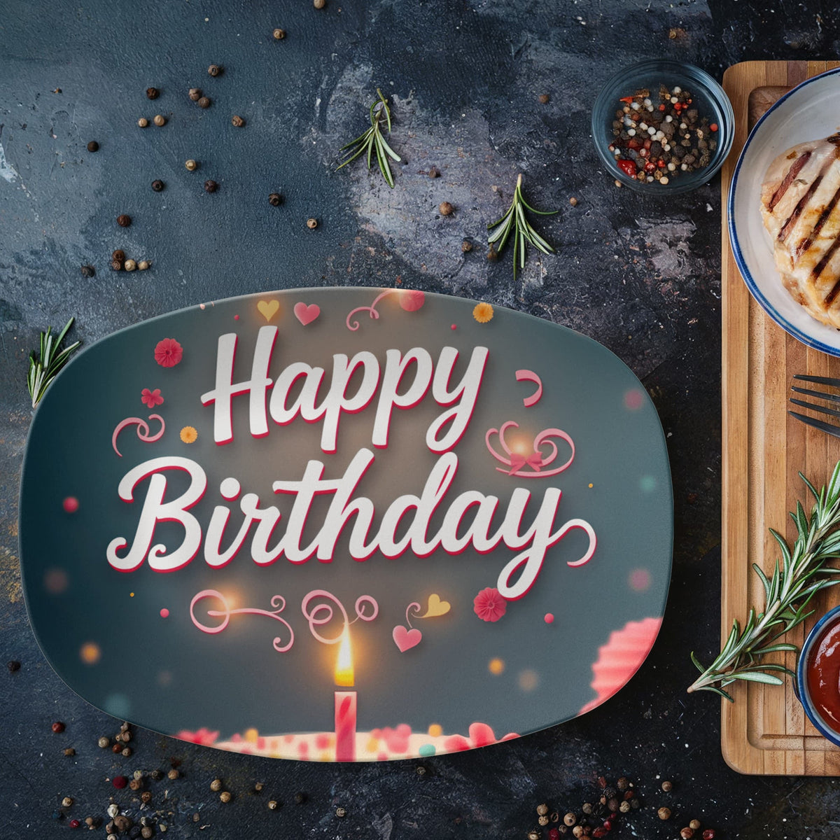 Happy Birthday Cake & Candle 10" x 14" Oval Serving Platter