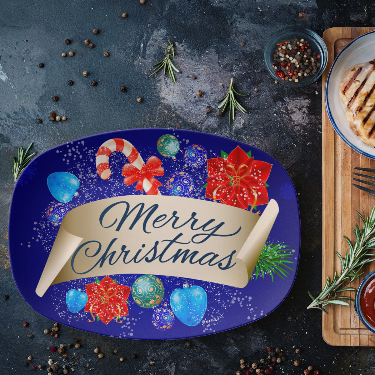 Blue Merry Christmas Design 10" x 14" Oval Serving Platter