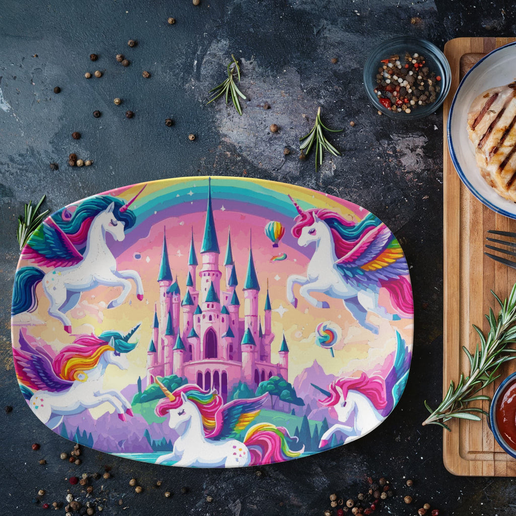 Cute Purple Unicorns with Pink Castle 10" x 14" Oval Serving Platter