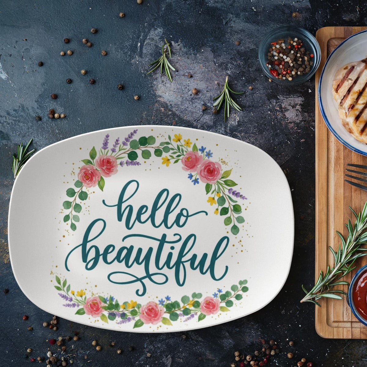 Floral Hello Beautiful 10”x14” Oval Serving Platter