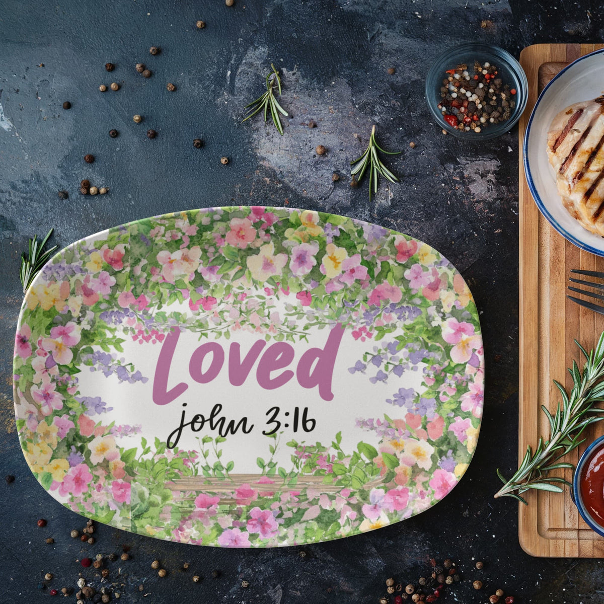 Loved John 3:16 Faith Based Floral 10" x 14" Oval Serving Platter