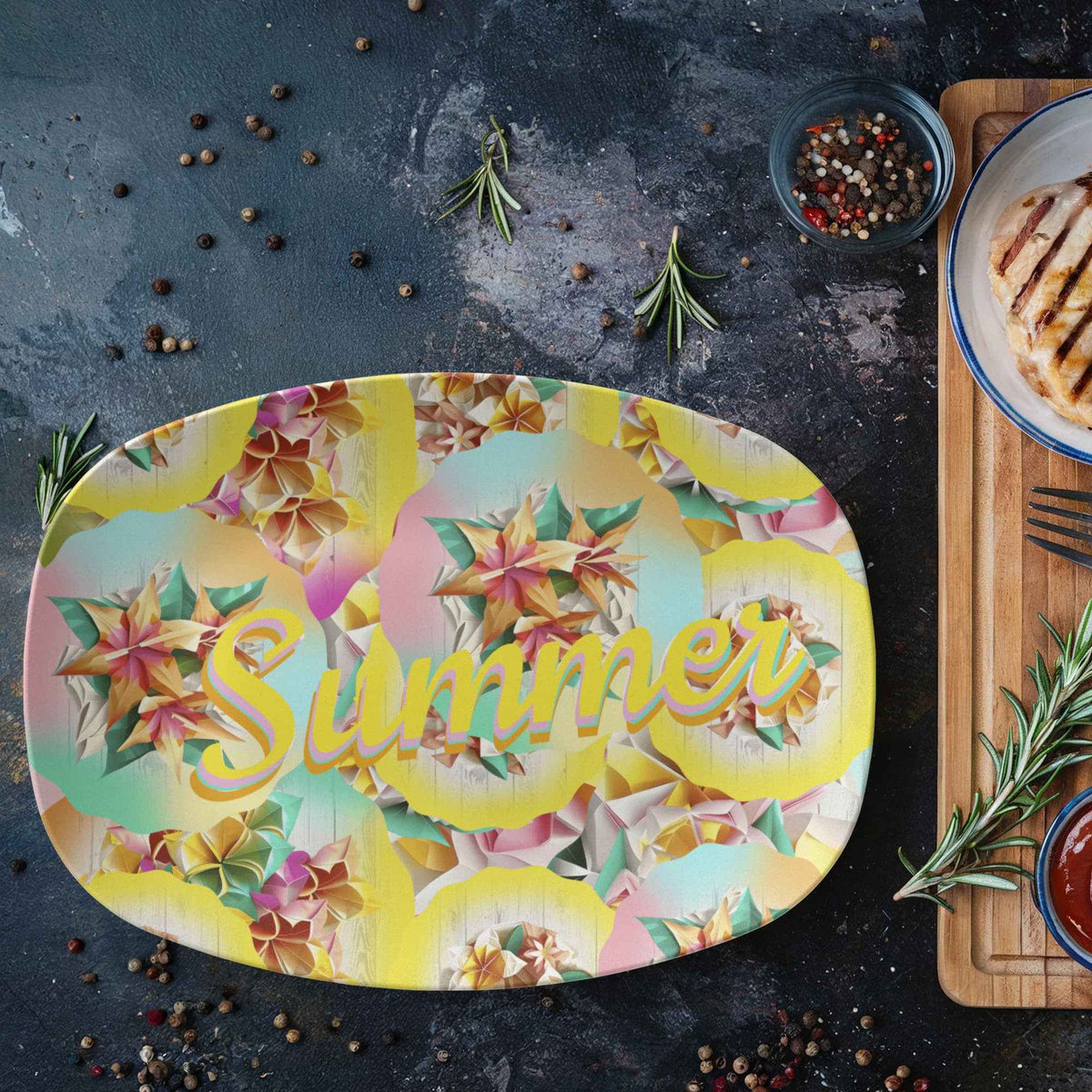 Colorful Pattern Summer Design 10" x 14" Oval Serving Platter