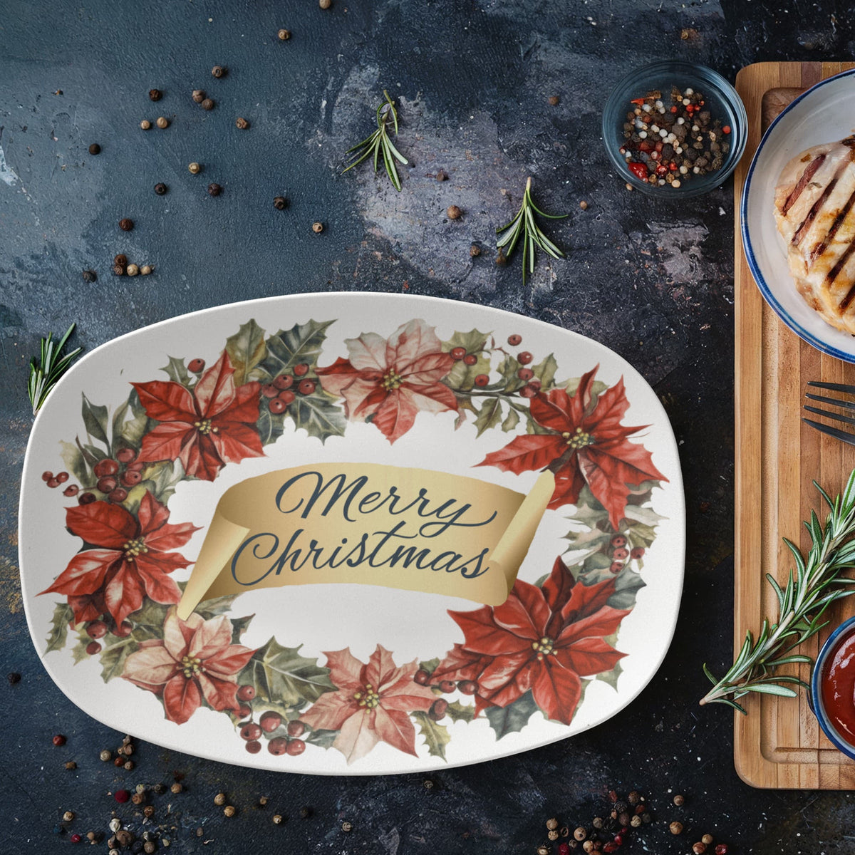 Merry Christmas Oval Wreath 10" x 14" Polymer Serving Platter