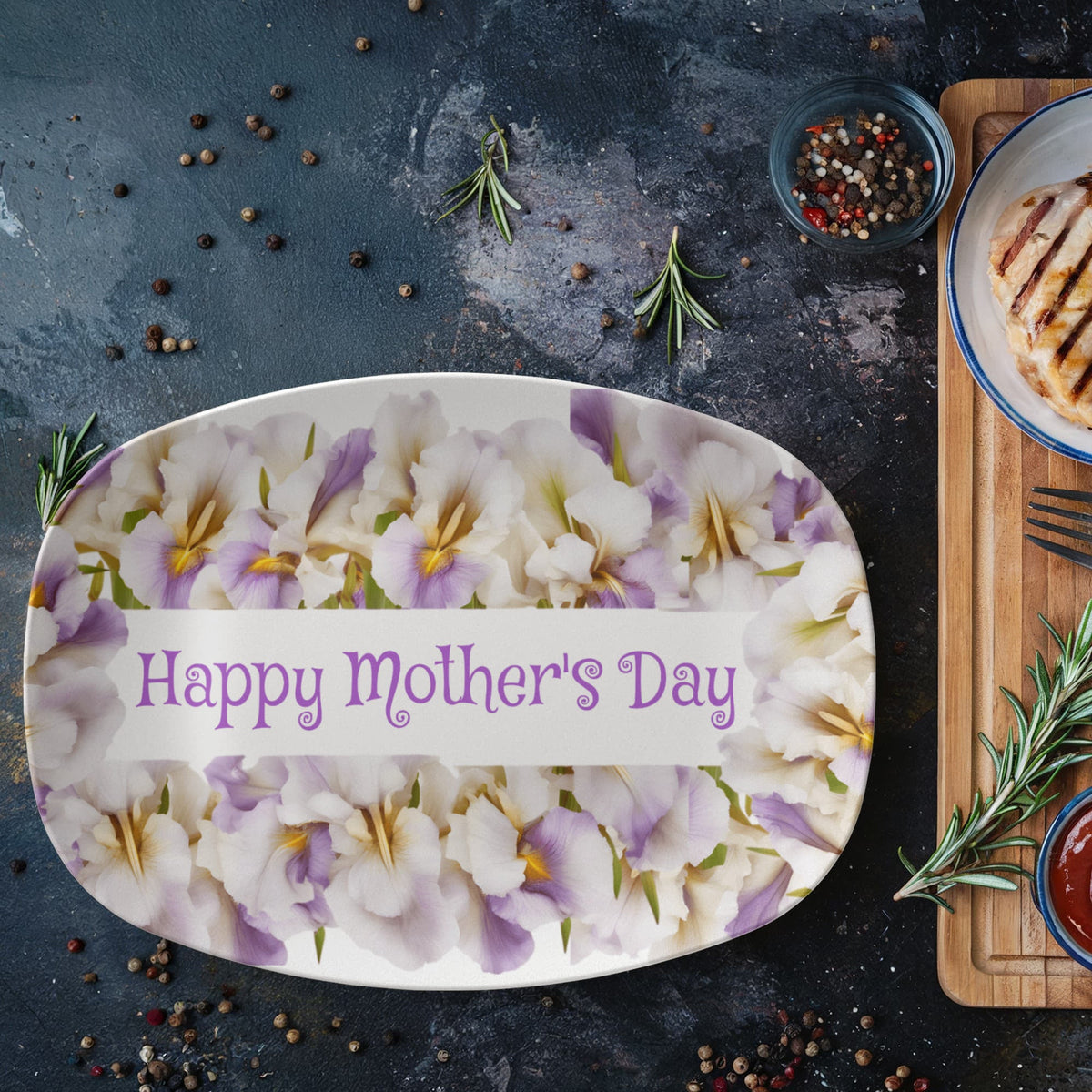 Happy Mother's Day Purple Flowers 10”x14” Oval Serving Platter
