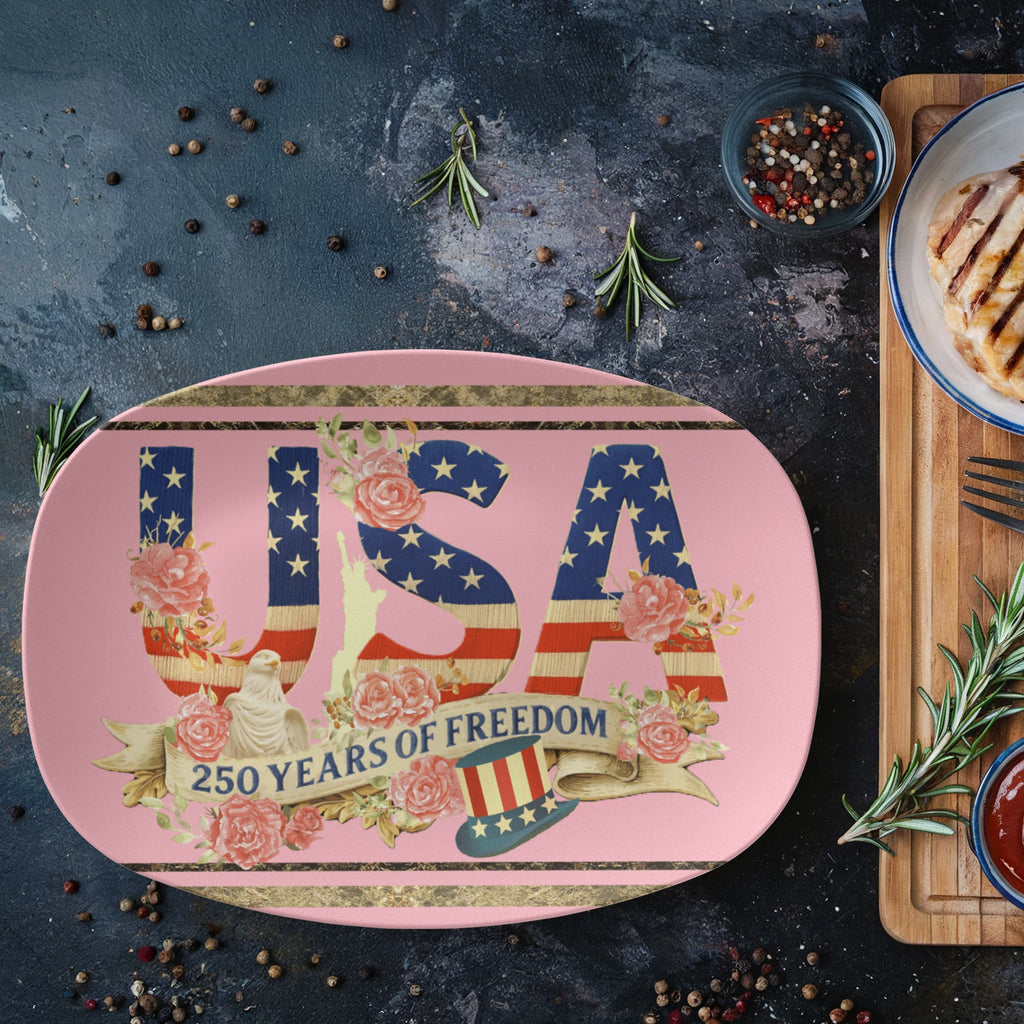 Pink USA 250 Years of Freedom Floral 10" x 14" Oval Serving Platter