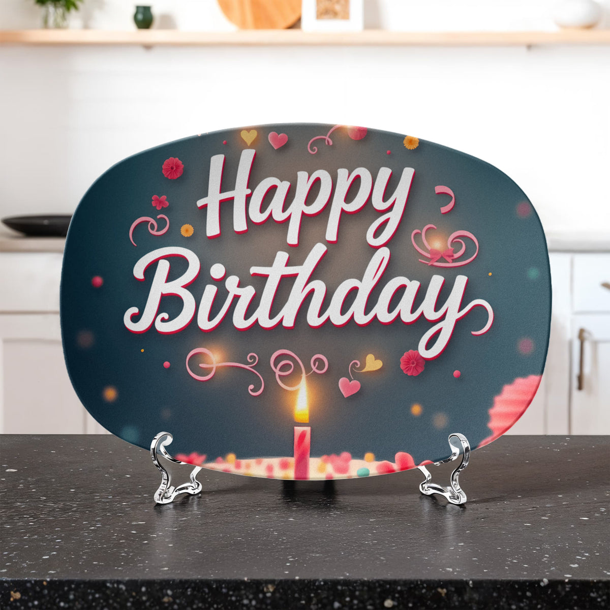 Happy Birthday Cake & Candle 10" x 14" Oval Serving Platter