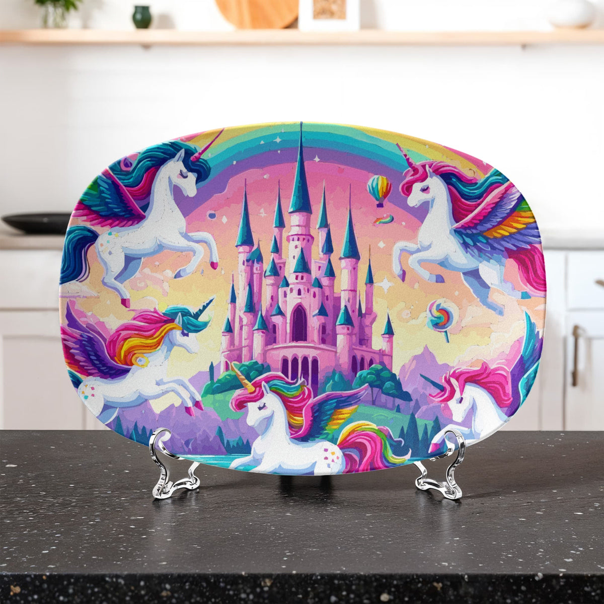 Cute Purple Unicorns with Pink Castle 10" x 14" Oval Serving Platter