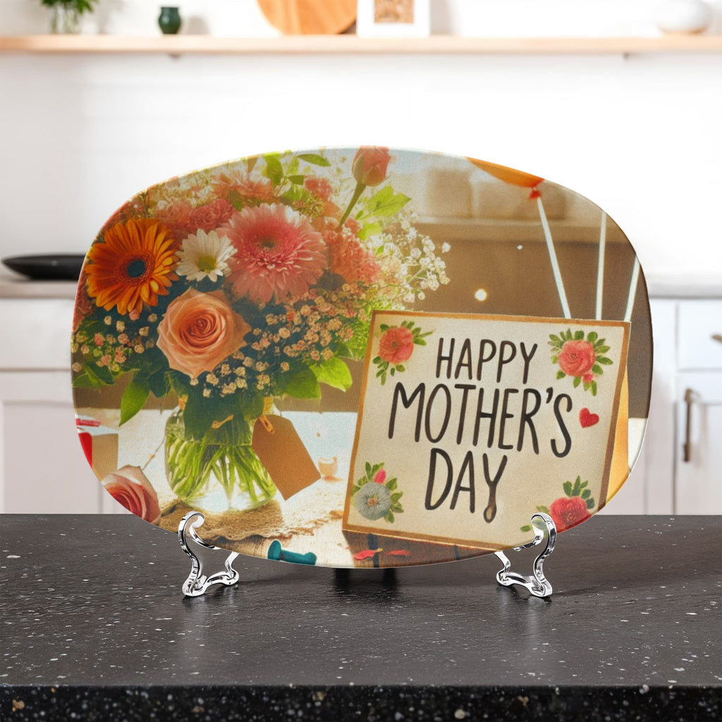 Happy Mother's Day Card and Flowers  10" x 14" Oval Serving Platter