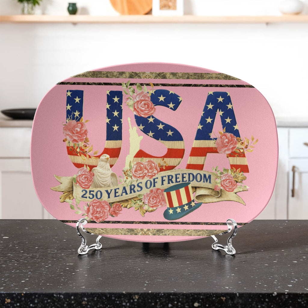 Pink USA 250 Years of Freedom Floral 10" x 14" Oval Serving Platter