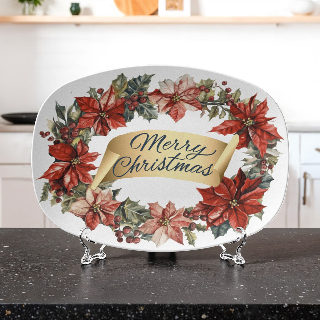 Merry Christmas Oval Wreath 10" x 14" Polymer Serving Platter