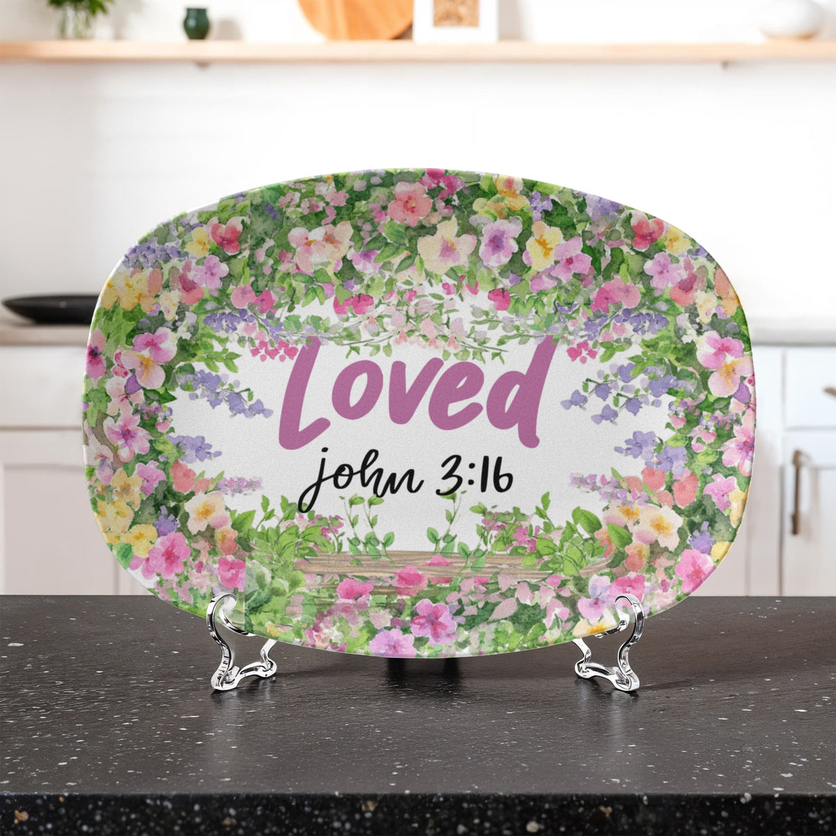 Loved John 3:16 Faith Based Floral 10" x 14" Oval Serving Platter