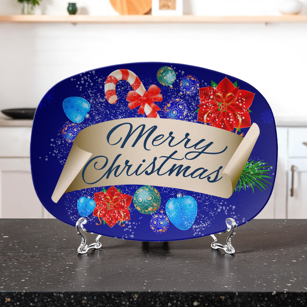 Blue Merry Christmas Design 10" x 14" Oval Serving Platter