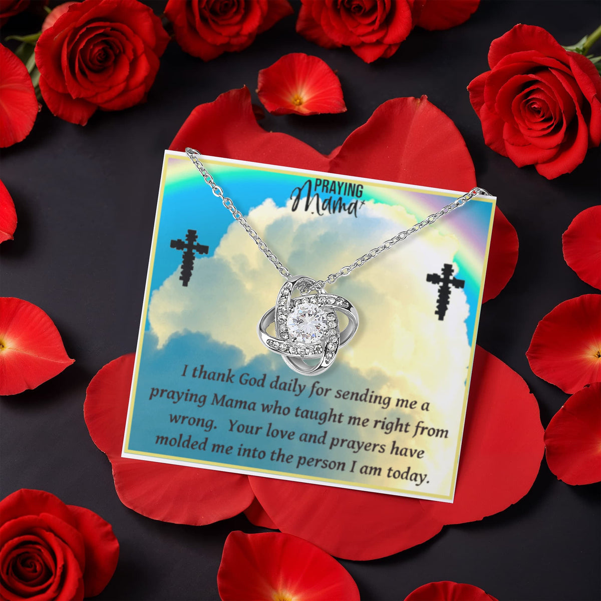 Praying Mama Mother's Day Love Knot Necklace with Preserved Rose