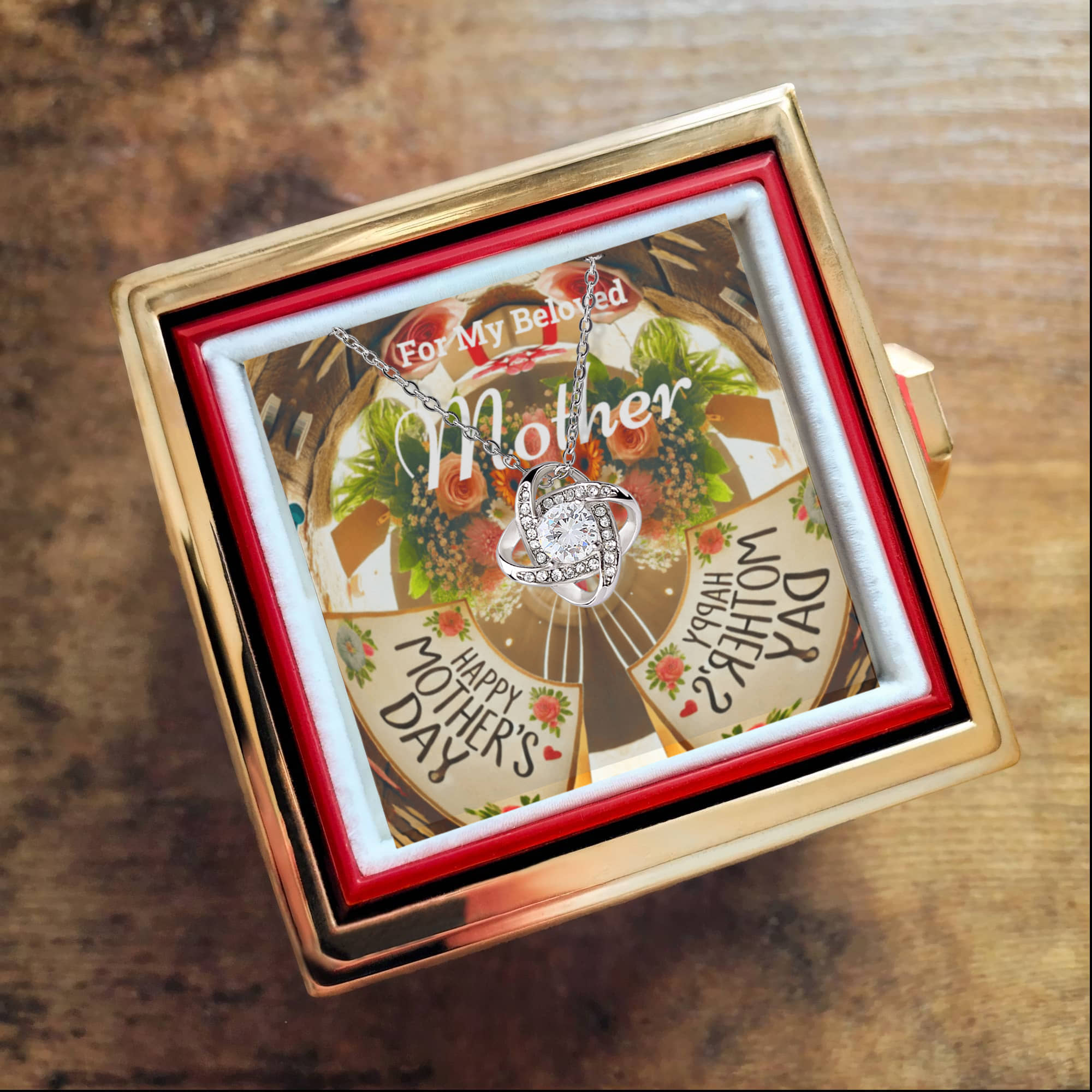For My Beloved Mother on Mother's Day with Love Knot Necklace and Preserved Red Rose