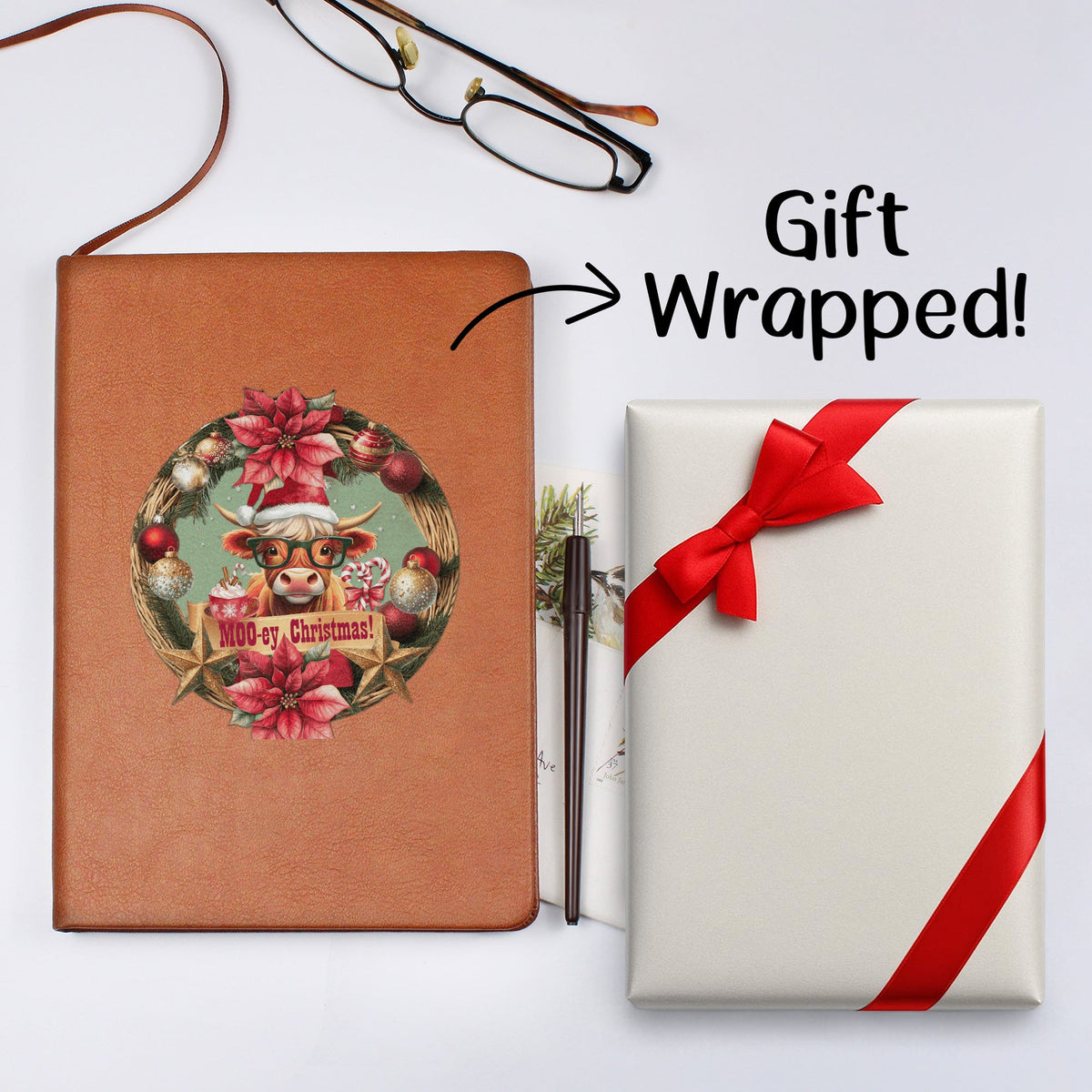 Moo-ey Christmas Highland Cow Graphic Leather Journal with Gift Wrapping