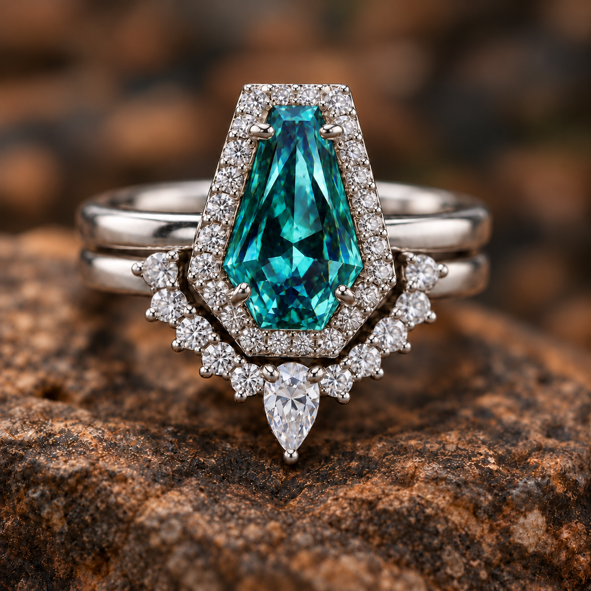 Aurora alexandrite concept — illustrative teal-green daylight color appearance. AI-generated; actual color change and stone availability unconfirmed; quote and customer approval required.