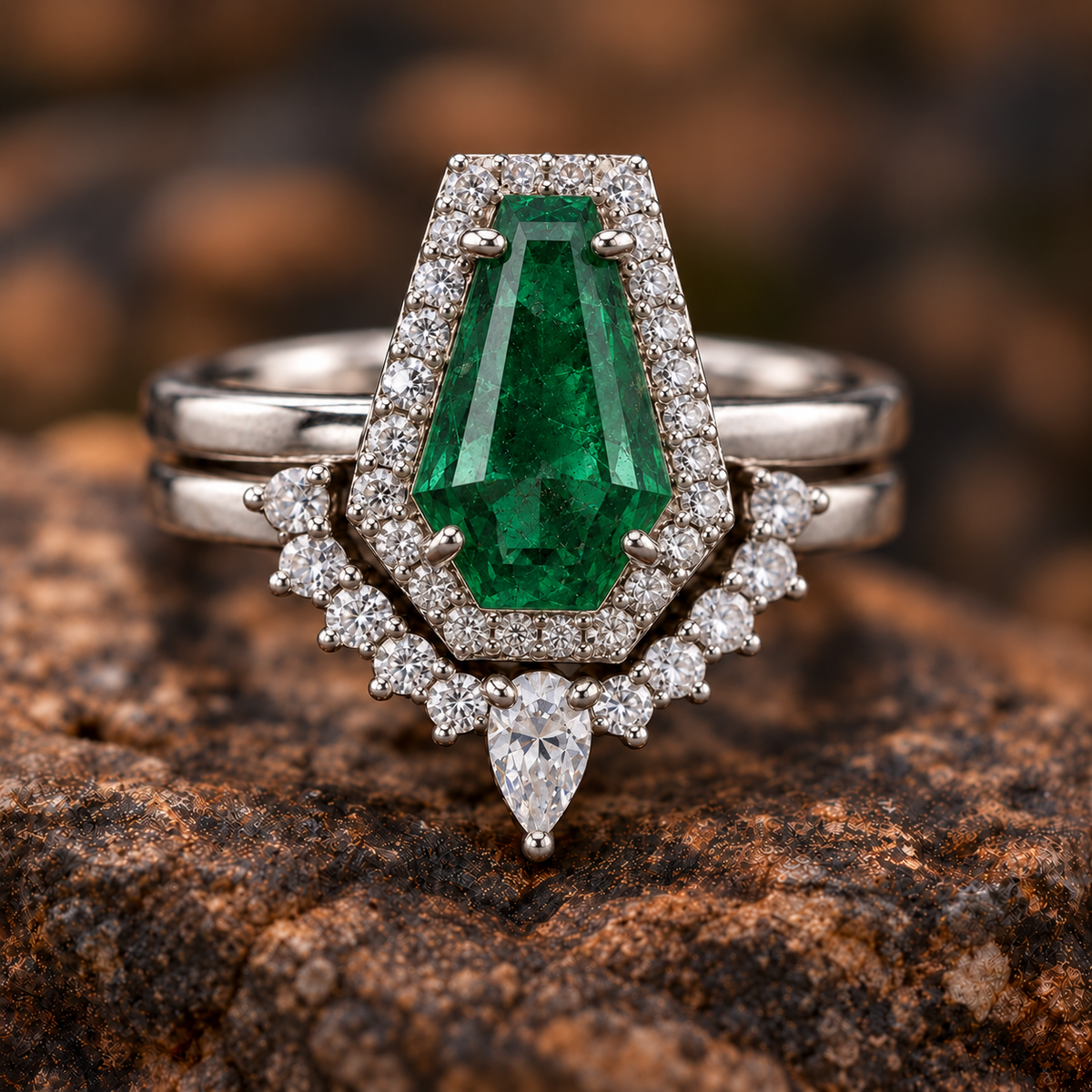 Aurora bridal set, illustrative emerald center stone with soft lighting and white accents. AI-generated; sourcing, appearance and production unconfirmed; quote and customer approval required.