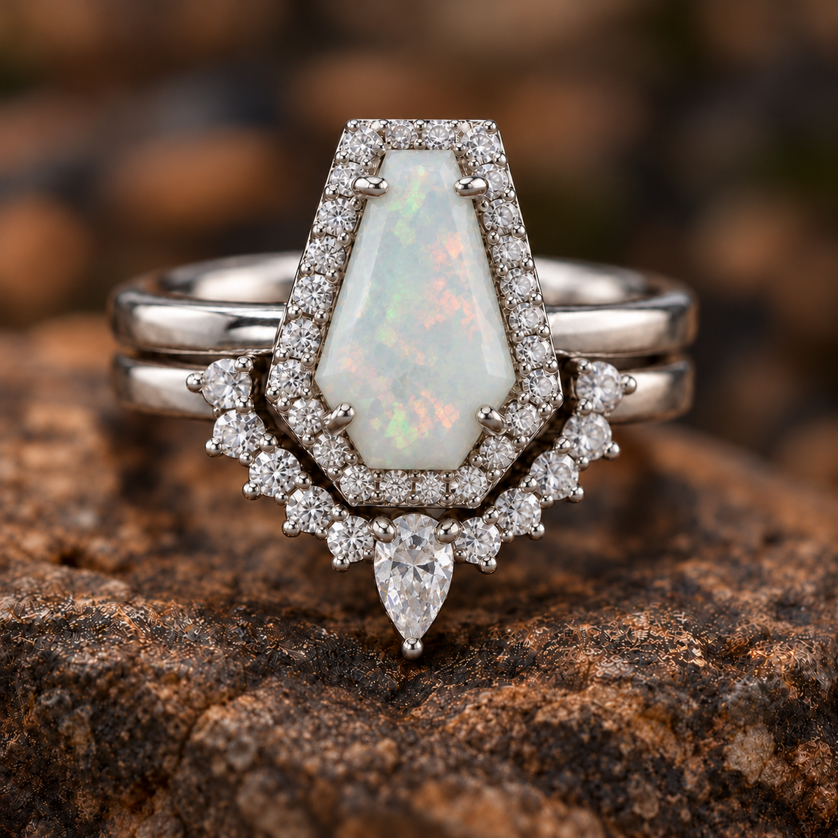 Aurora bridal set, illustrative opal concept with subdued play of color. AI-generated; sourcing, suitability and manufacture unconfirmed; quote and customer approval required.