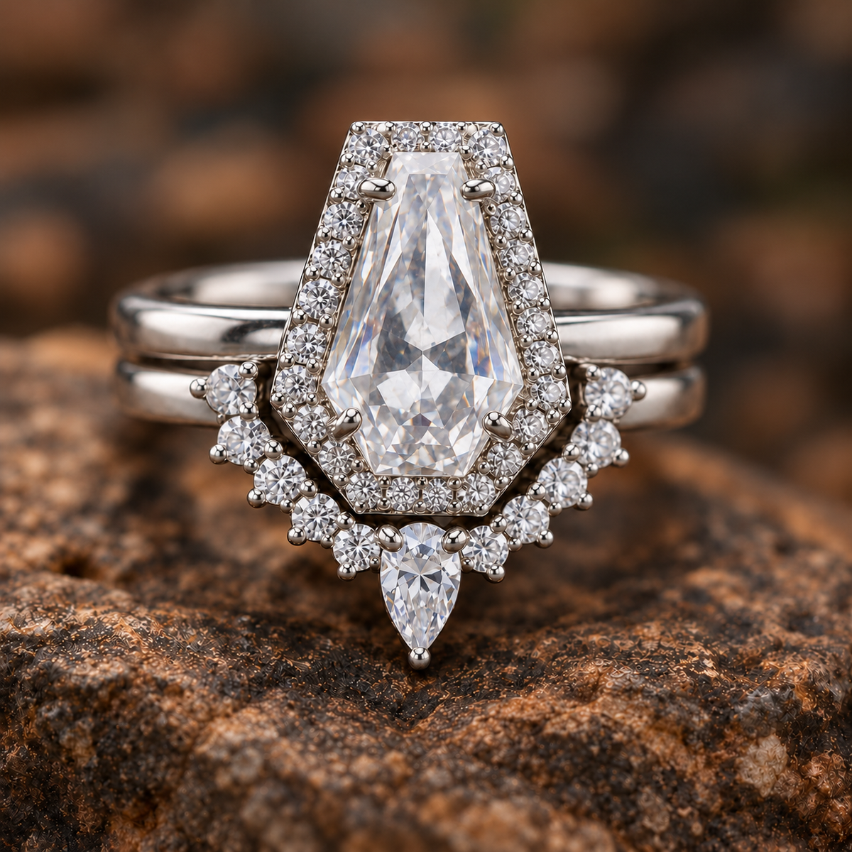 Aurora bridal set, white stone front concept with soft lighting. AI-generated visualization; Custom Order | Market Pending; sourcing, feasibility, price and lead time unconfirmed.